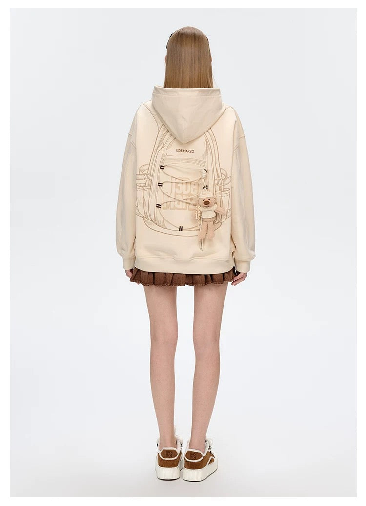 13DE MARZO Bear Backpack Print Hoodie Beige