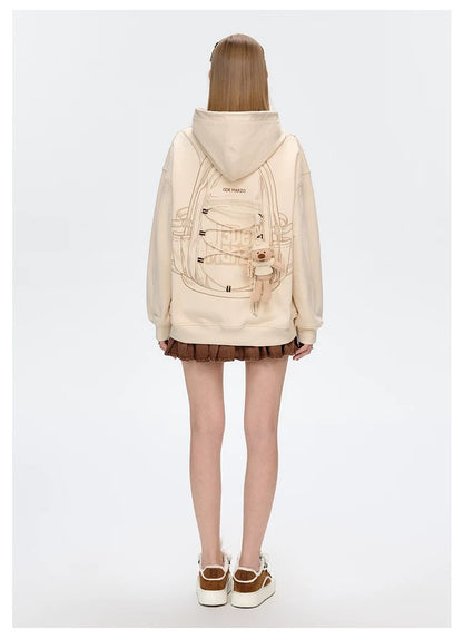 13DE MARZO Bear Backpack Print Hoodie Beige
