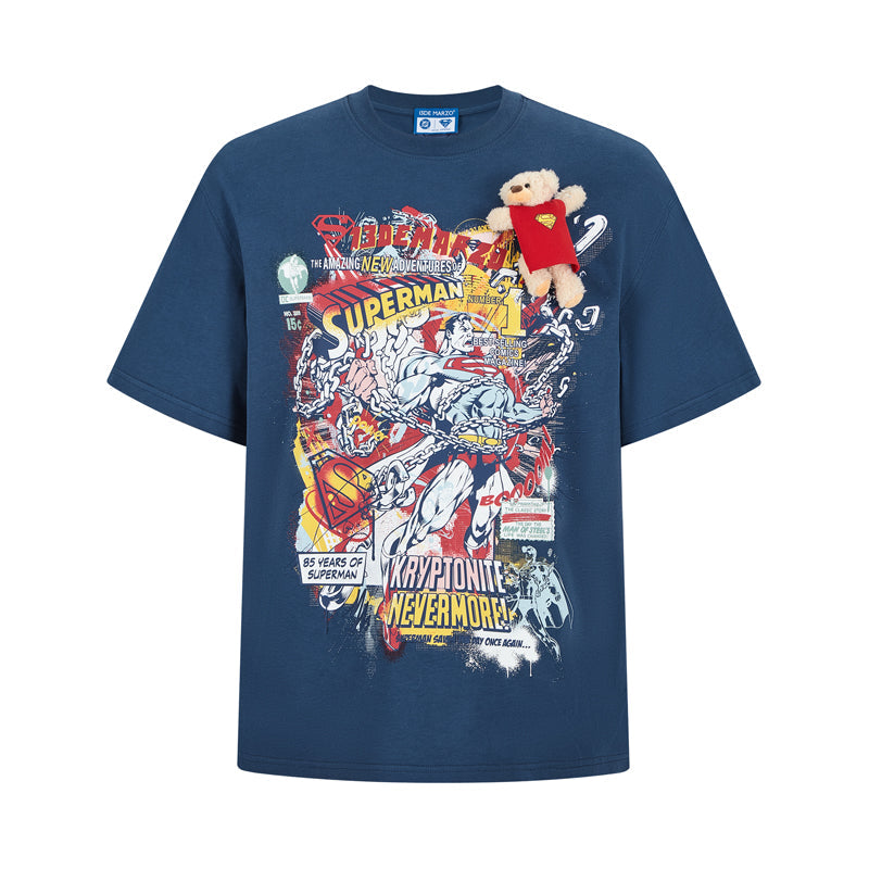 13DE MARZO x Superman Bear Illustrated T-shirt Blue