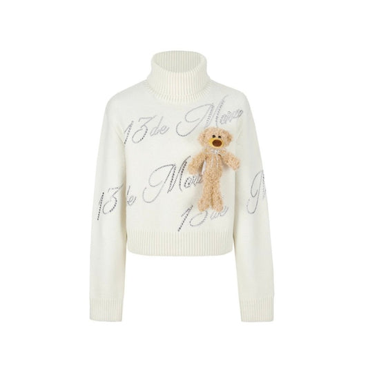 13DE MARZO Bear Rhinestone Logo Sweater White