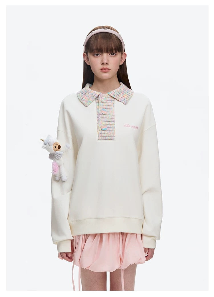 13DE MARZO Unicorn Bear Polo Sweater Beige