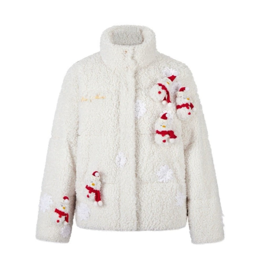 13DE MARZO Christmas Snowman Bear Fleece Coat Beige