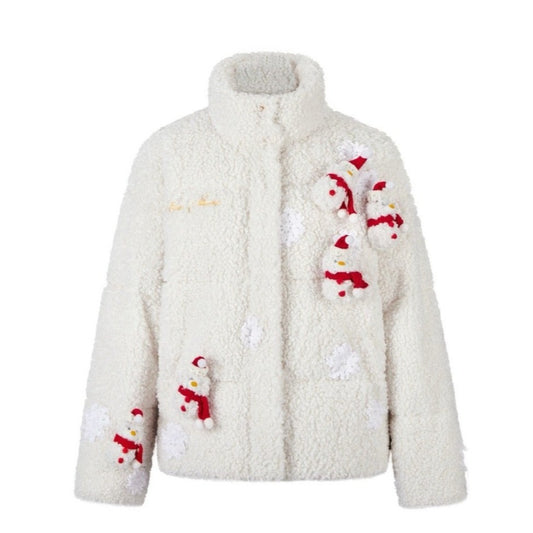 13DE MARZO Christmas Snowman Bear Fleece Coat Beige