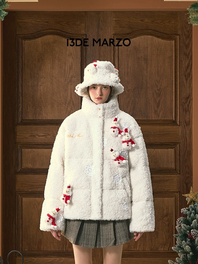 13DE MARZO Christmas Snowman Bear Fleece Coat Beige