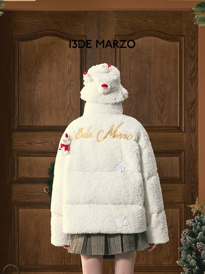 13DE MARZO Christmas Snowman Bear Fleece Coat Beige