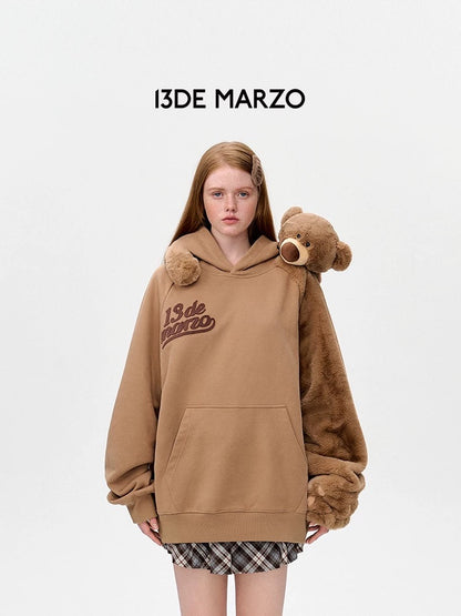 13DE MARZO Plush Bear Color Blocked Raglan Hoodie Brown