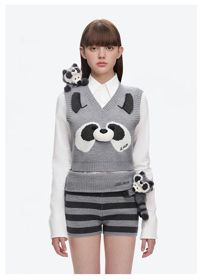 13DE MARZO Raccoon Bear Knitted Vest Grey