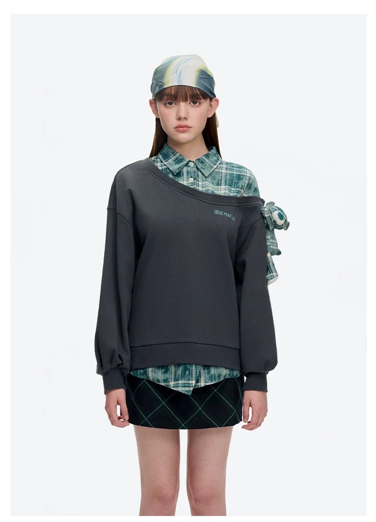 13DE MARZO Splicing Shirt Asymmetrical Shoulder Sweater Green