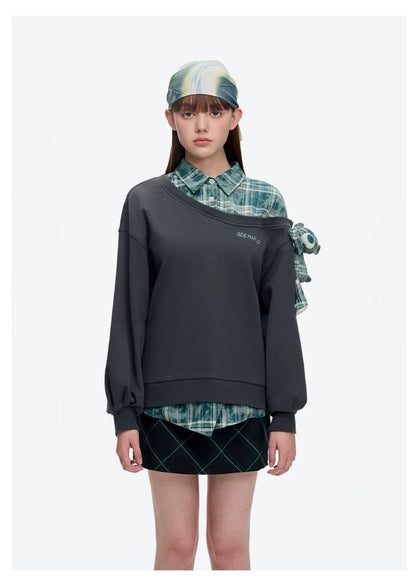 13DE MARZO Splicing Shirt Asymmetrical Shoulder Sweater Green