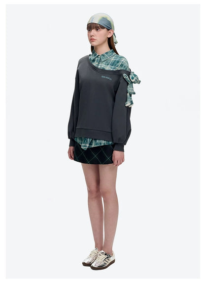 13DE MARZO Splicing Shirt Asymmetrical Shoulder Sweater Green