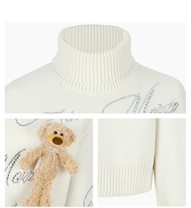 13DE MARZO Bear Rhinestone Logo Sweater White