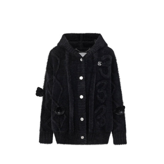 13DE MARZO Fuzzy Weave Knit Cardigan Black