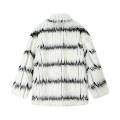 Andrea Martin Striped Eco-Friendly Fur Jacket Black/White
