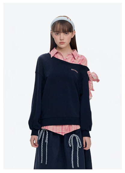 13DE MARZO Splicing Shirt Asymmetrical Shoulder Sweater Pink