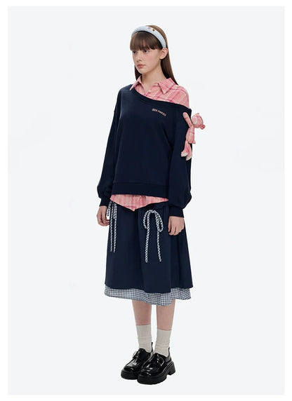 13DE MARZO Splicing Shirt Asymmetrical Shoulder Sweater Pink