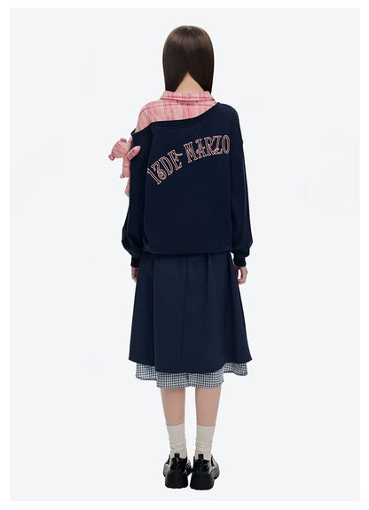 13DE MARZO Splicing Shirt Asymmetrical Shoulder Sweater Pink