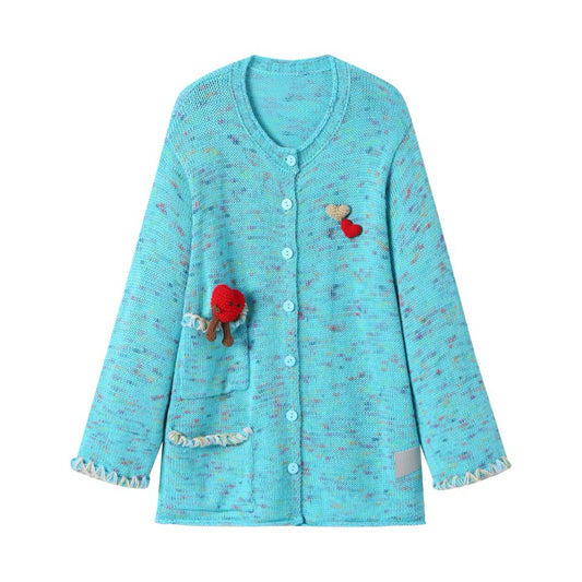 Andrea Martin Floral Yarn Crew Neck Wool Cardigan Blue