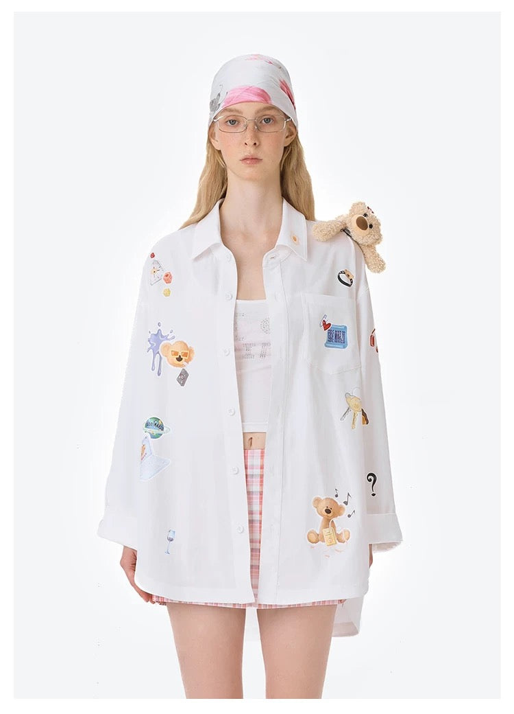 13DE MARZO Bear Stickers Shirt White