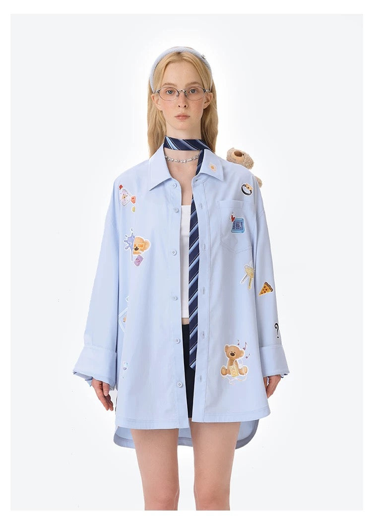 13DE MARZO Bear Stickers Shirt Blue