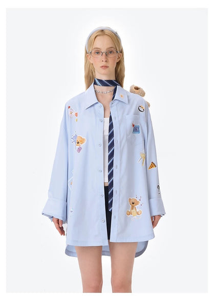 13DE MARZO Bear Stickers Shirt Blue