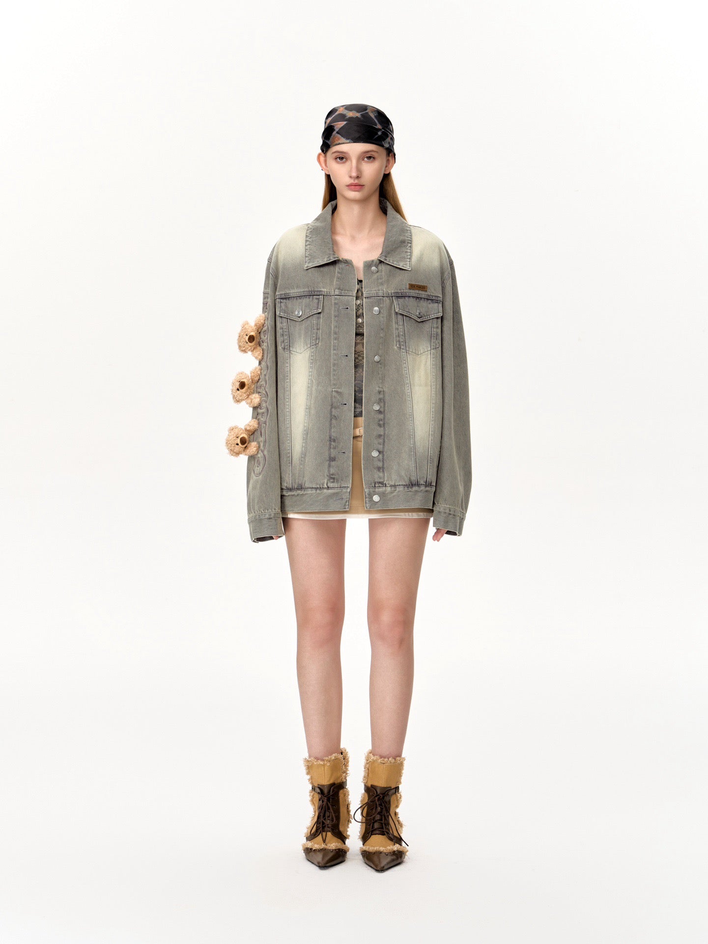 13DE MARZO Bear Queue Vintage Denim Jacket Grey