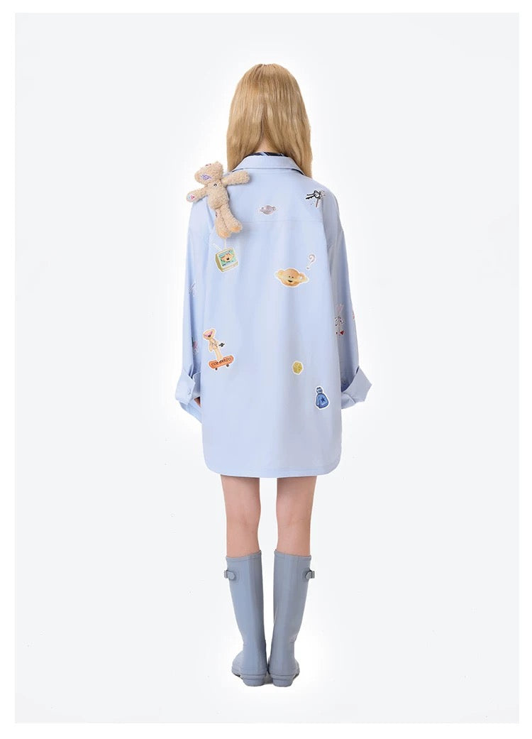 13DE MARZO Bear Stickers Shirt Blue