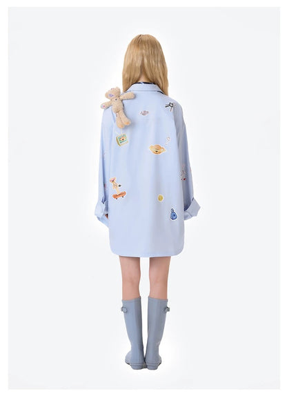 13DE MARZO Bear Stickers Shirt Blue