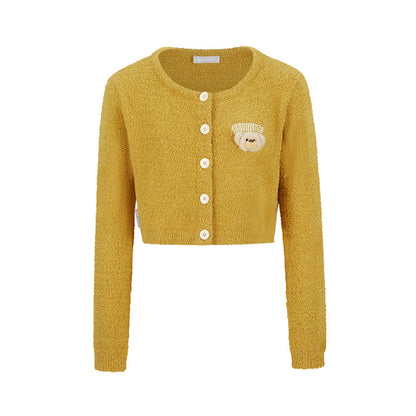 13DE MARZO Embroidered Plush Cardigan Yellow