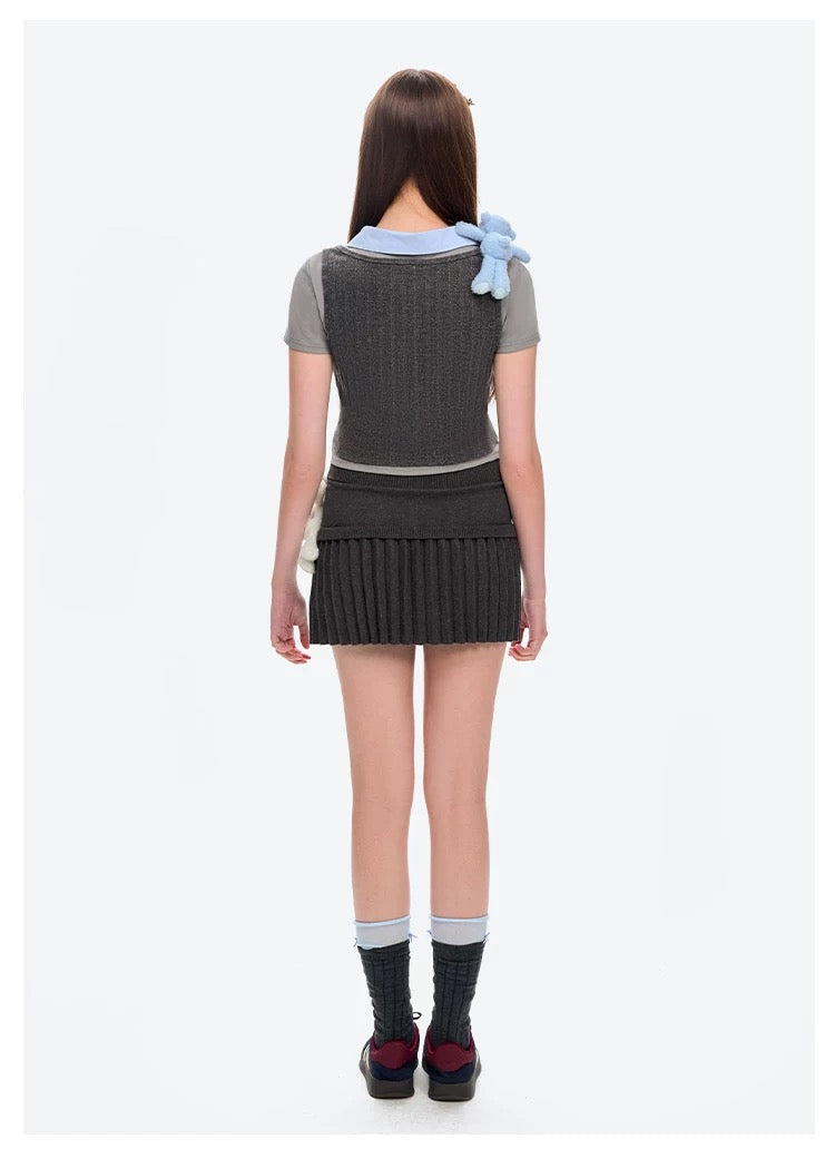 13DE MARZO Doozoo Knitted Pleated Skirt Dark Grey