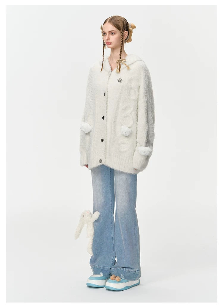 13DE MARZO Fuzzy Weave Knit Cardigan White