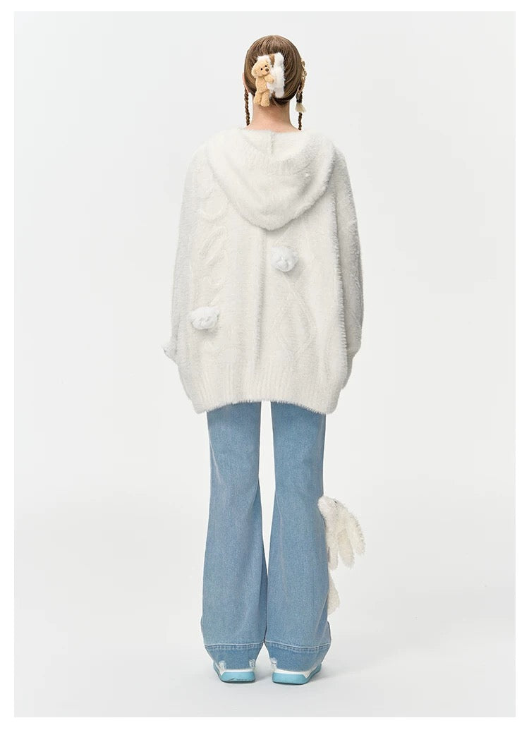 13DE MARZO Fuzzy Weave Knit Cardigan White