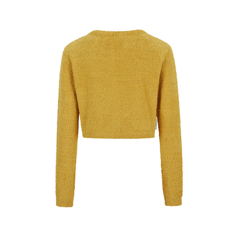 13DE MARZO Embroidered Plush Cardigan Yellow