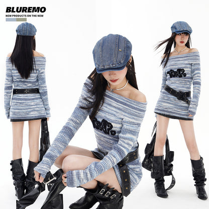 BLUREMO Gradient Off Shoulder Letter Sweet Knitted Sweater