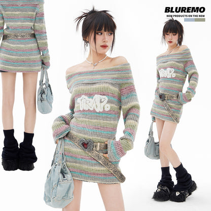 BLUREMO Gradient Off Shoulder Letter Sweet Knitted Sweater