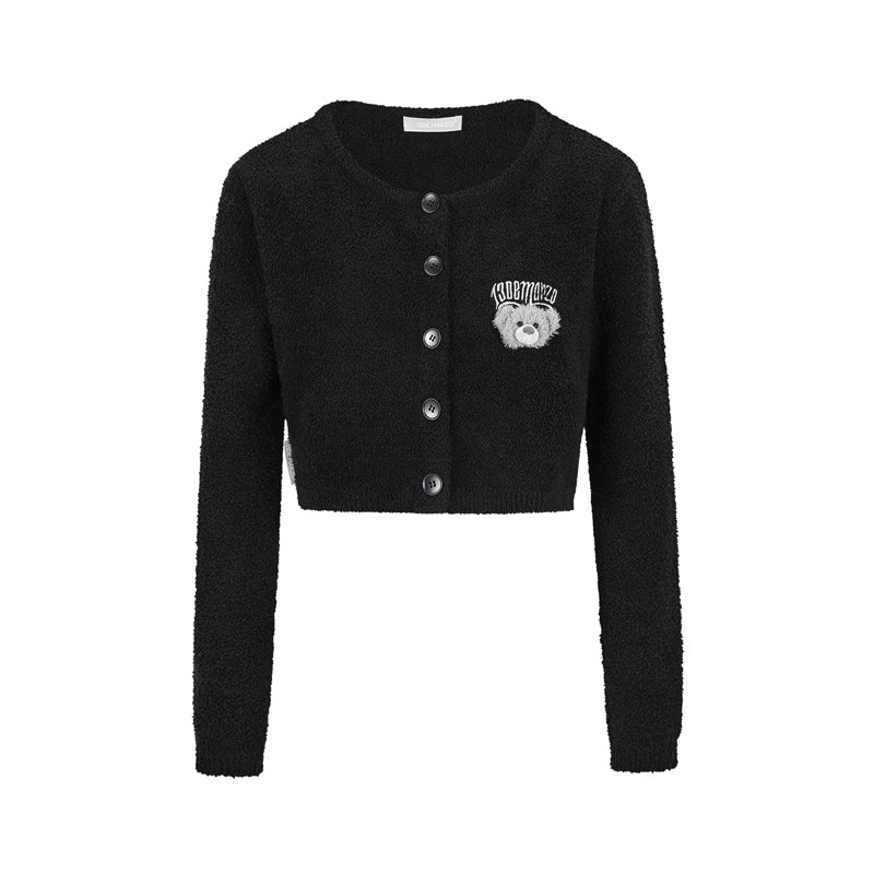 13DE MARZO Embroidered Plush Cardigan Black
