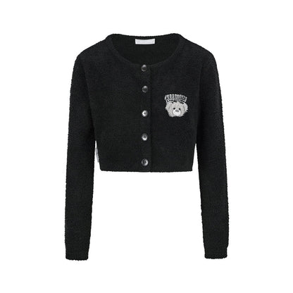 13DE MARZO Embroidered Plush Cardigan Black