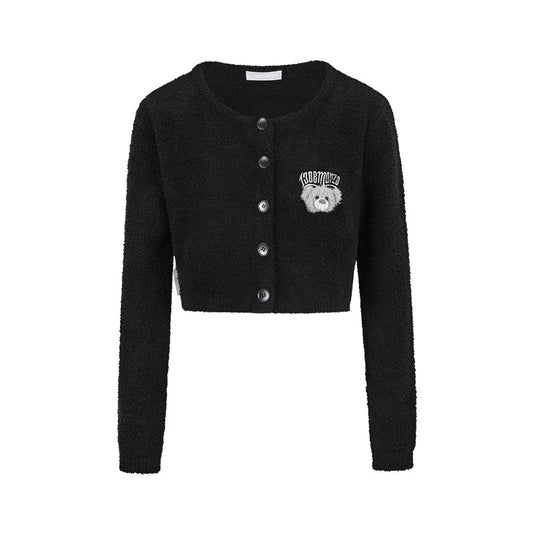 13DE MARZO Embroidered Plush Cardigan Black
