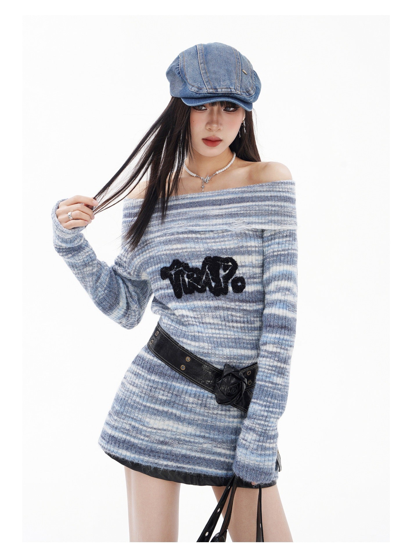 BLUREMO Gradient Off Shoulder Letter Sweet Knitted Sweater