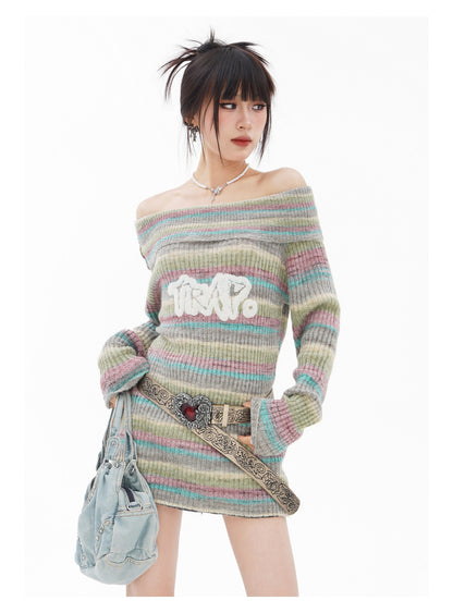 BLUREMO Gradient Off Shoulder Letter Sweet Knitted Sweater