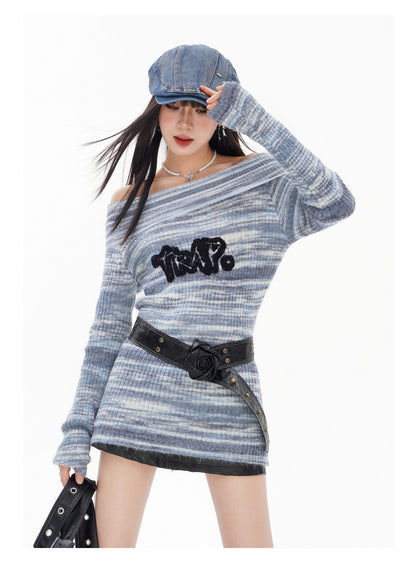 BLUREMO Gradient Off Shoulder Letter Sweet Knitted Sweater