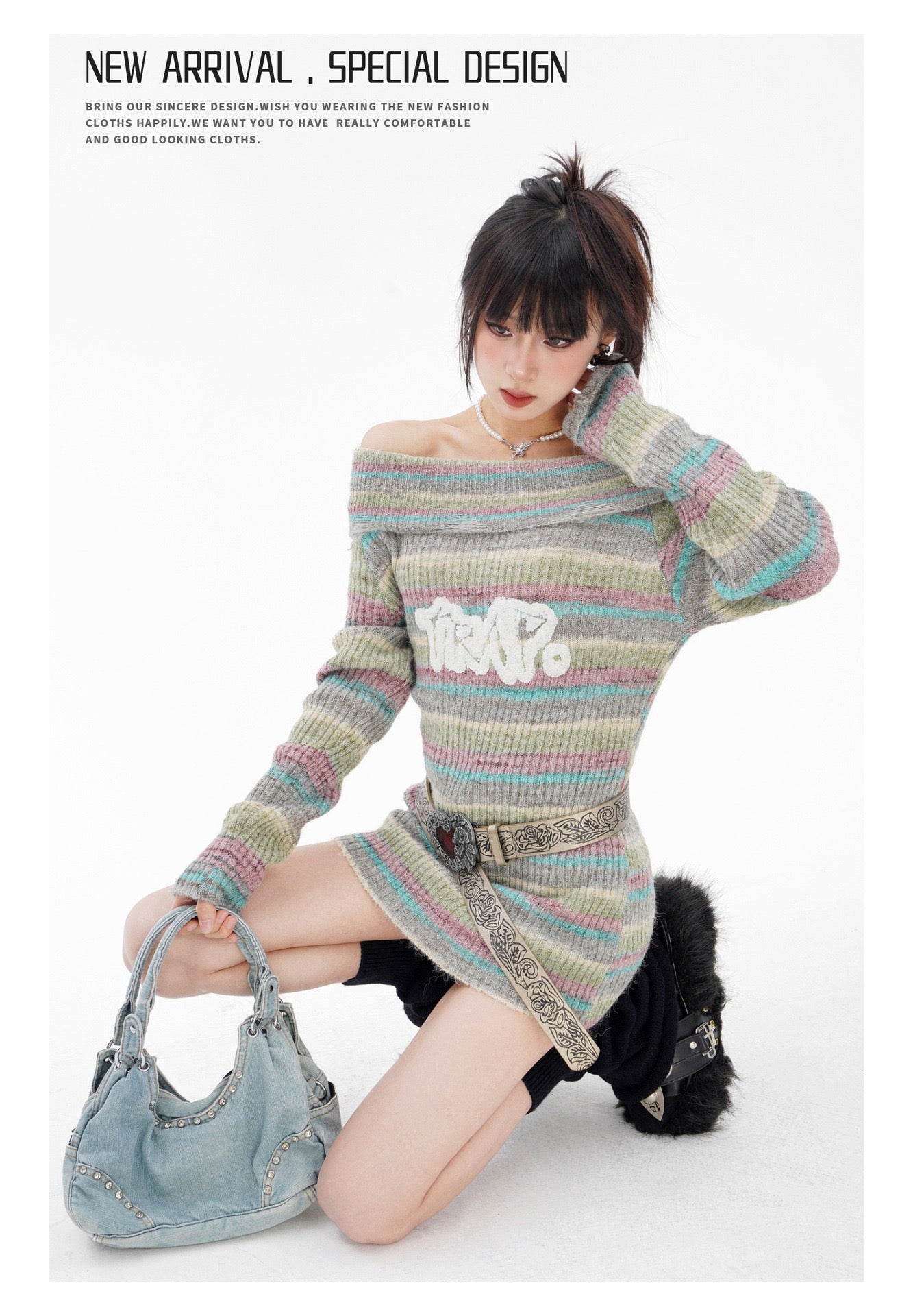 BLUREMO Gradient Off Shoulder Letter Sweet Knitted Sweater