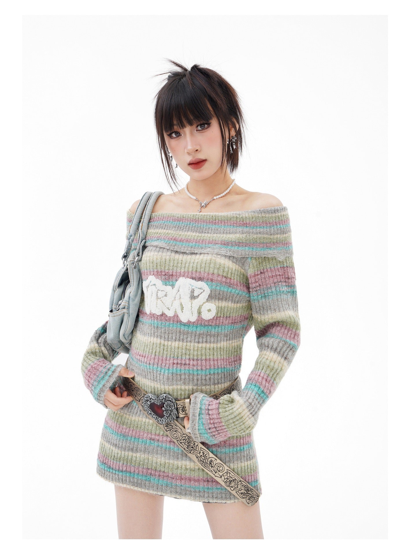 BLUREMO Gradient Off Shoulder Letter Sweet Knitted Sweater