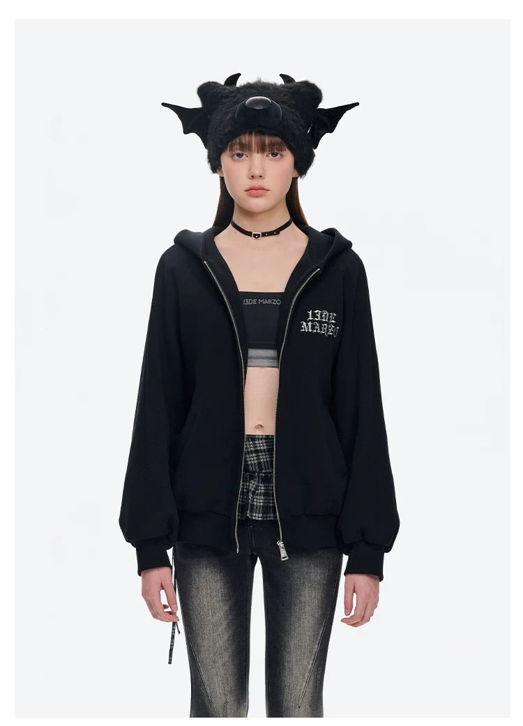 13DE MARZO Angel Devil Bear Zipped Hoodie Black
