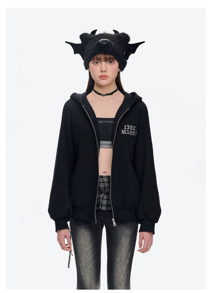 13DE MARZO Angel Devil Bear Zipped Hoodie Black