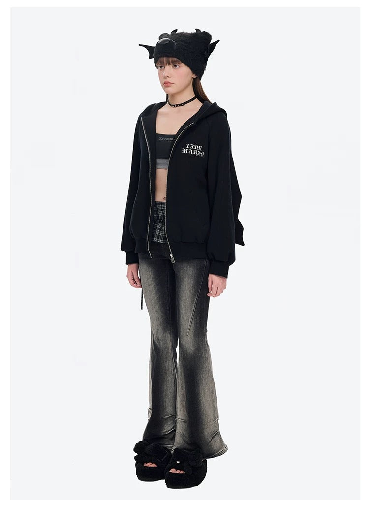 13DE MARZO Angel Devil Bear Zipped Hoodie Black