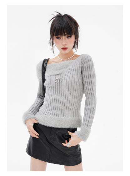 BLUREMO Off Shoulder Fur Stripped Sweater