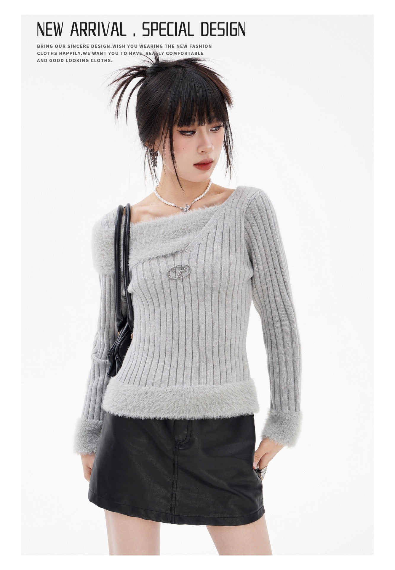 BLUREMO Off Shoulder Fur Stripped Sweater