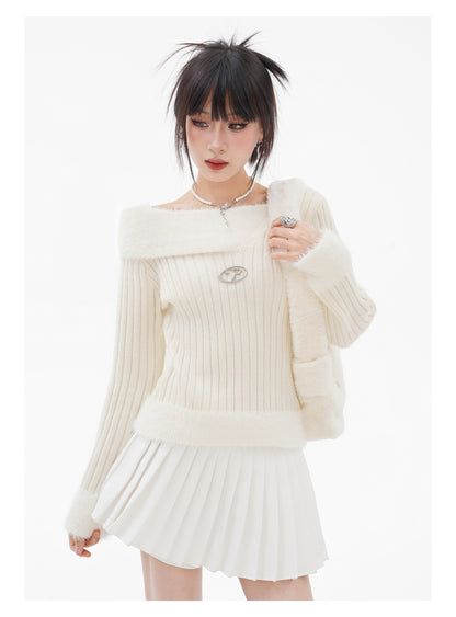 BLUREMO Off Shoulder Fur Stripped Sweater