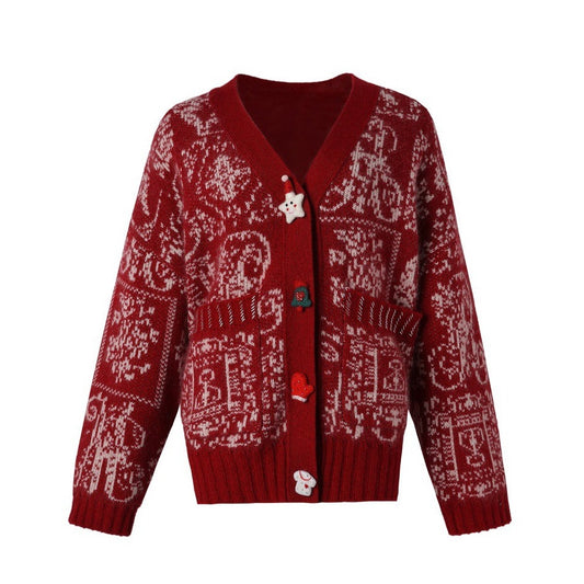 DIANA VEVINA Christmas Totem Wool Cardigan Red