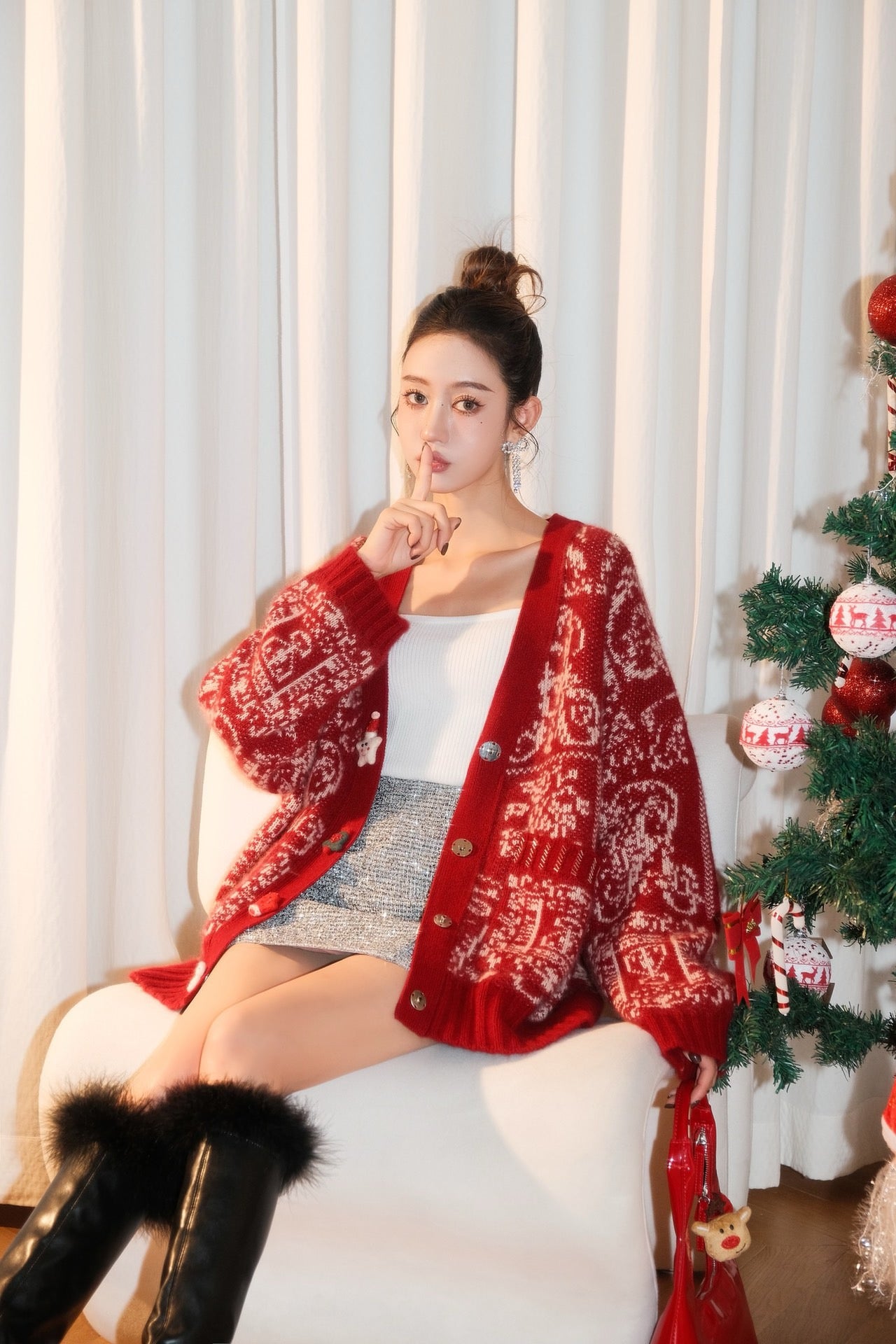 DIANA VEVINA Christmas Totem Wool Cardigan Red